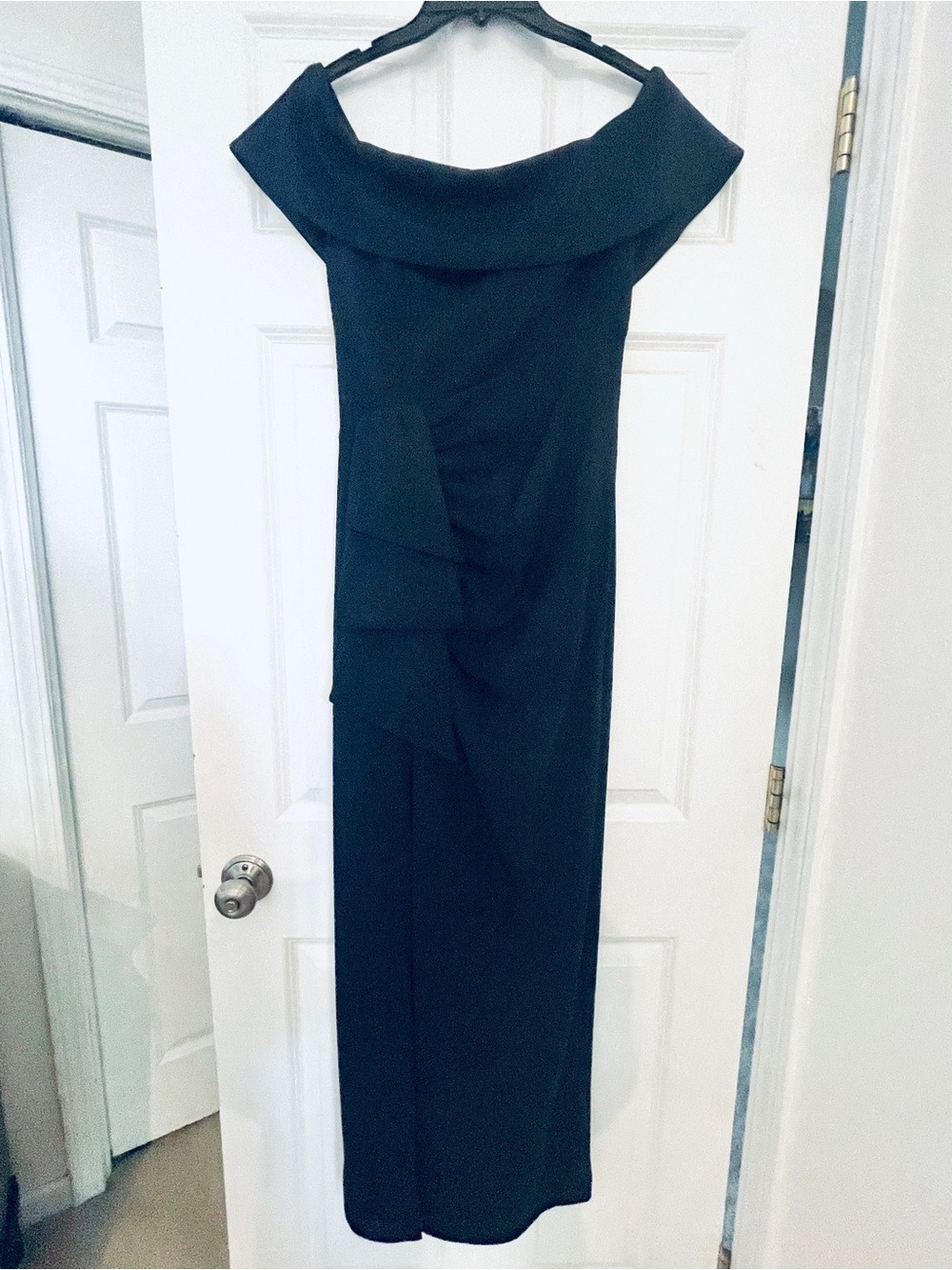 Off-Shoulder Navy Blue Evening Gown